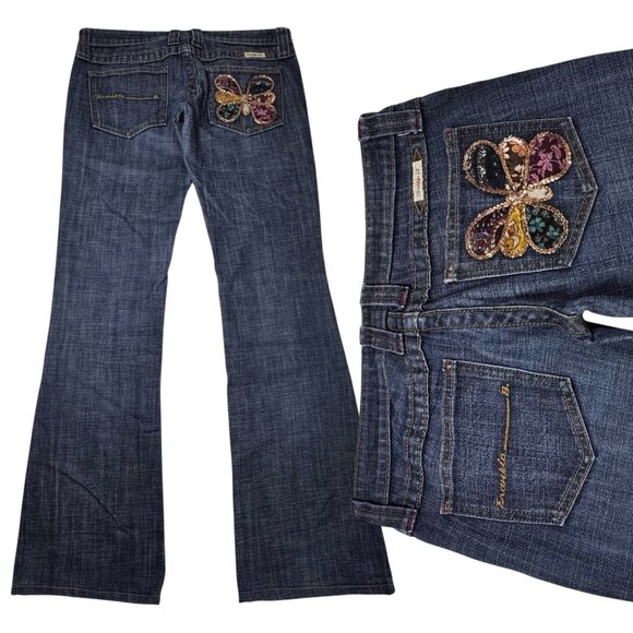 Vintage Y2K Frankie B Jeans Sz 8 Low Rise Flare Leg Embroidered Butterfly Boho - Picture 1 of 16